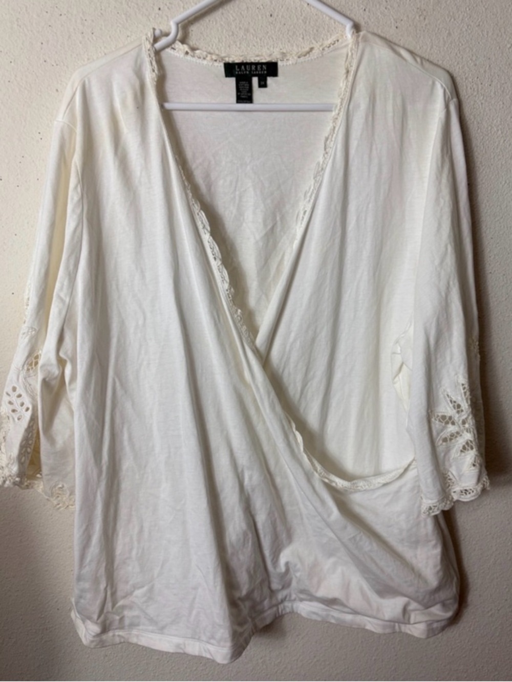 Lauren Ralph Lauren 100% cotton  Lace-Trim Wrap 3/4 peekaboo sleeves 3X